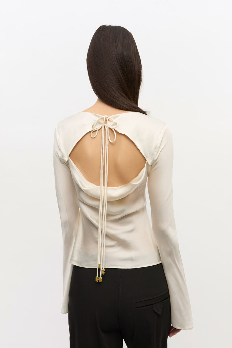 Ivory Satin Blouse, Elastane, in colour Egret - 2 - GANNI
