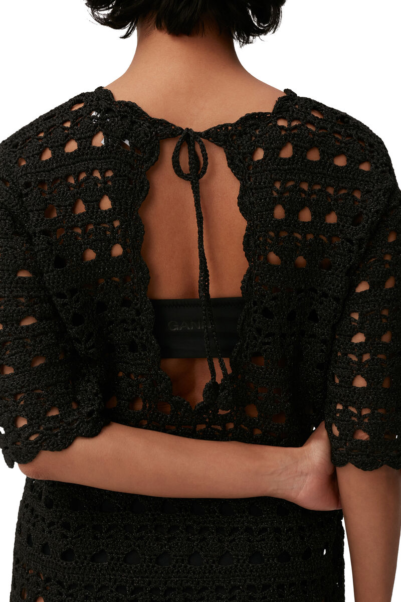 Crochet Open Back Mini Dress, Nylon, in colour Black - 5 - GANNI