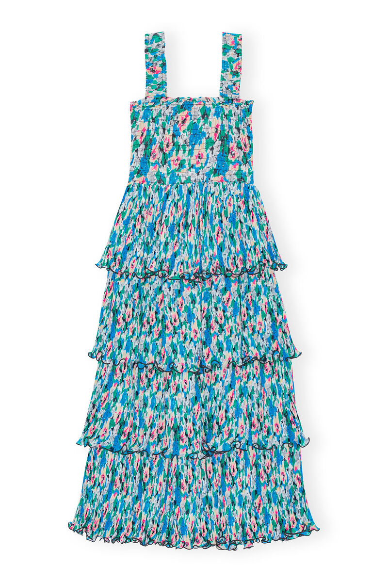 Pleated Georgette Smock Midi Dress, Recycled Polyester, in colour Floral Azure Blue - 2 - GANNI