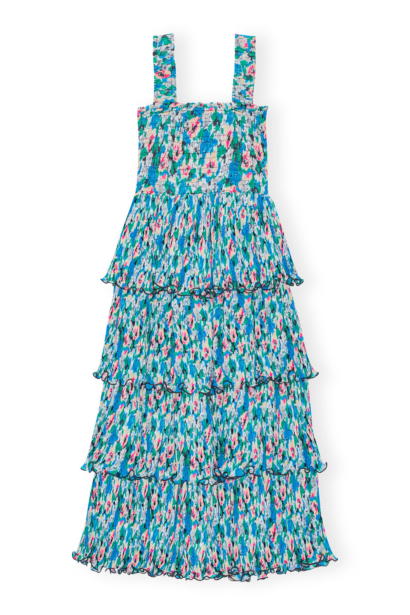 Pleated Georgette Smock Midi Dress, Recycled Polyester, in colour Floral Azure Blue - 2 - GANNI