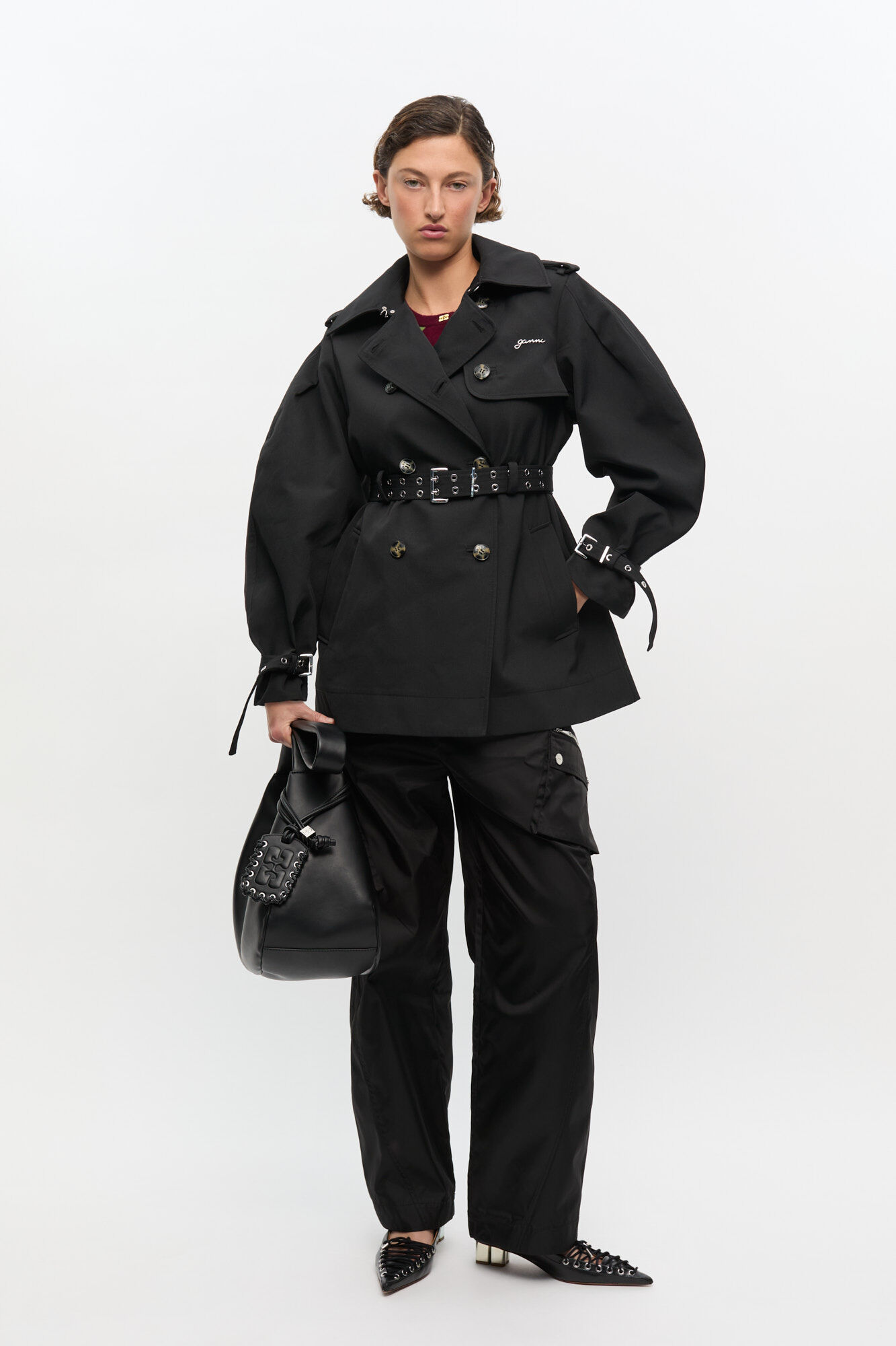 Black Heavy Twill Midi Trench Coat, Recycled Polyester, in colour Black - 2 - GANNI