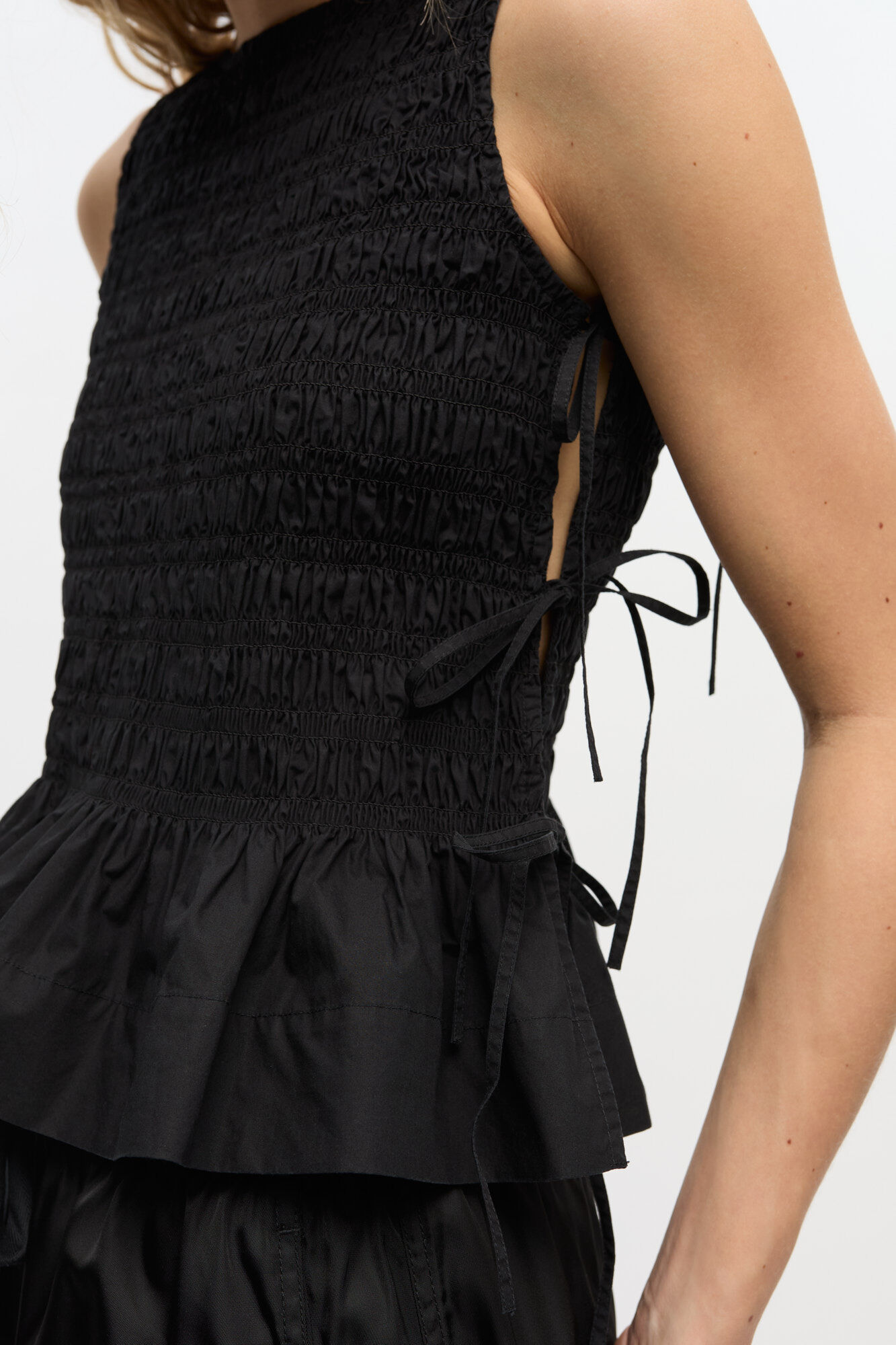 Black Cotton Smock Tie Top, Cotton, in colour Black - 3 - GANNI