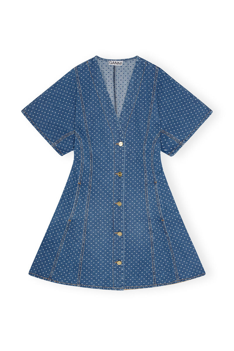 Blue Polka Dot Denim Mini Dress, Cotton, in colour Mid Blue Stone - 1 - GANNI