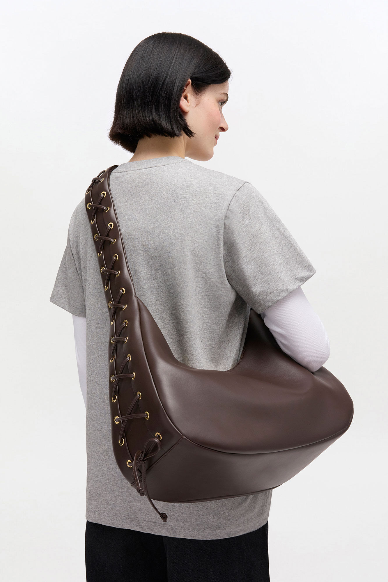 Brun medium hoboväska med snörning, Polyester, in colour Chocolate Torte - 1 - GANNI