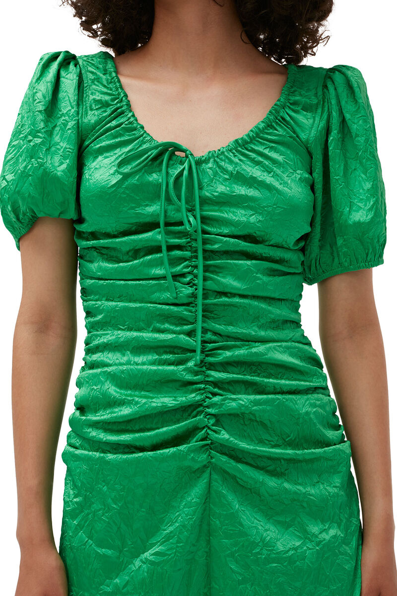 Green Crinkled Satin Midi Dress, Elastane, in colour Bright Green - 7 - GANNI
