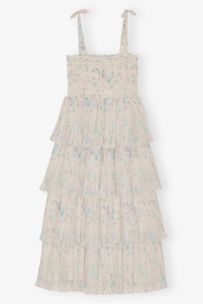 Floral Printed Pleated Georgette Strap Smock Midi Dress, Tofu