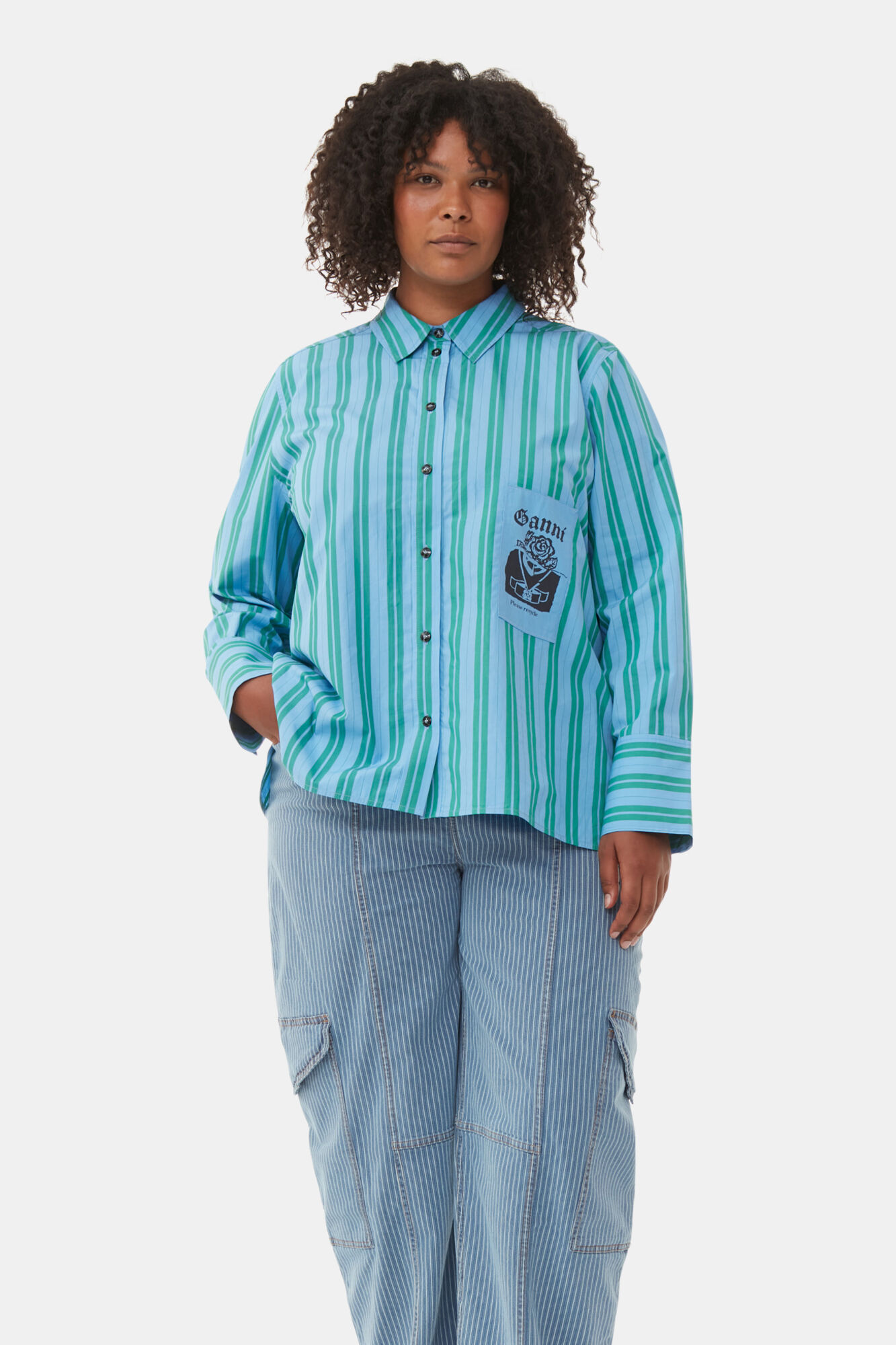 Re-cut Striped Cotton Shirt, Cotton, in colour Silver Lake Blue - 5 - GANNI