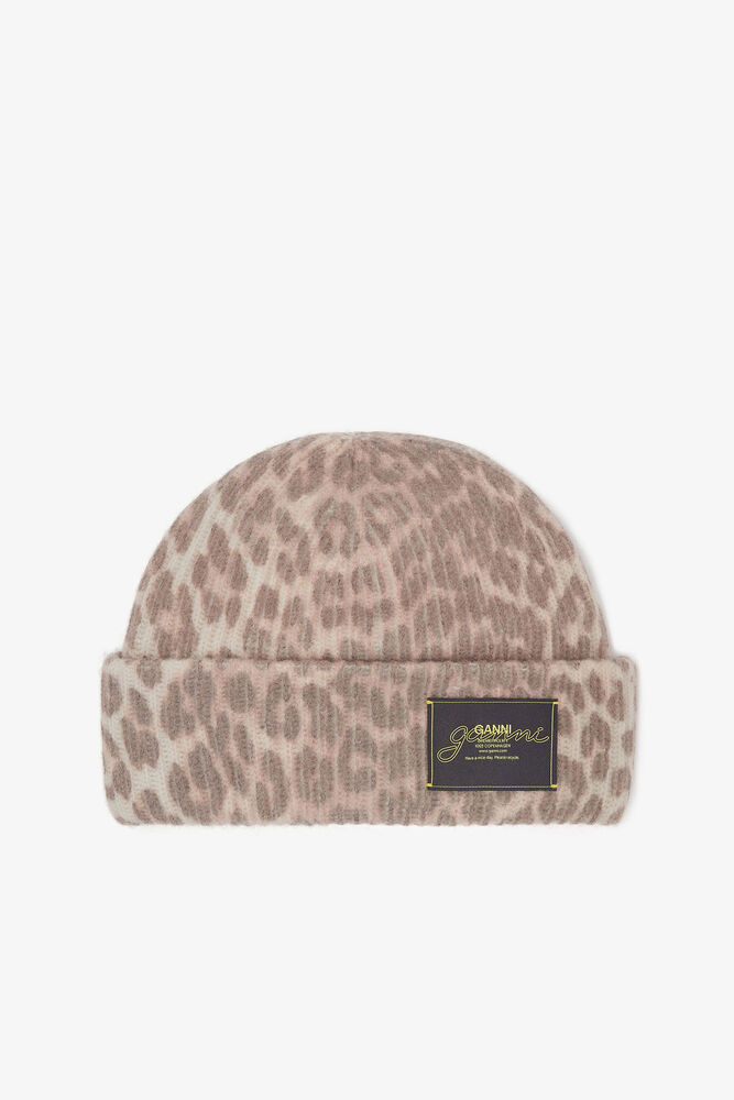 Oversized Wool Rib Knit Beanie, Leopard