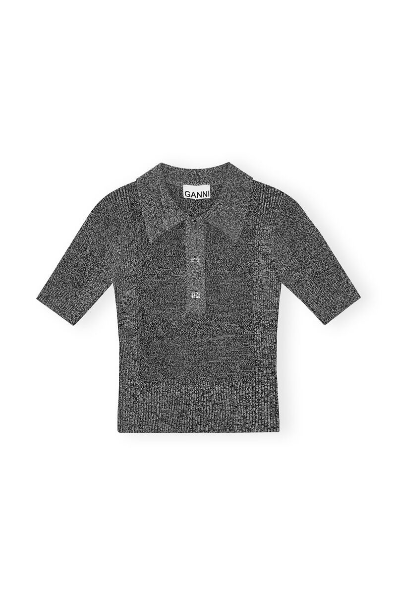 Grey Melange Rib Poloshirt, Elastane, in colour Black - 1 - GANNI