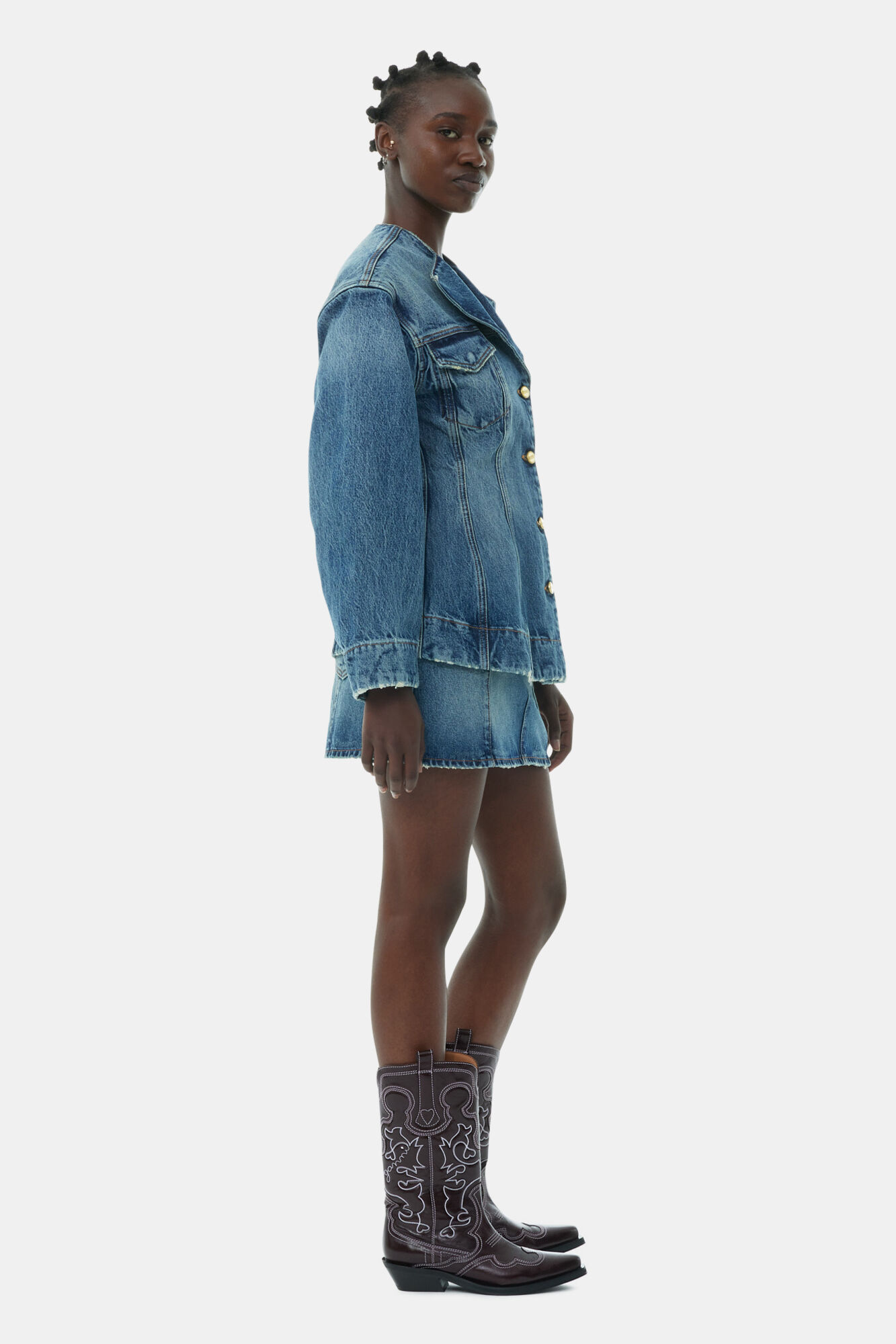 Sparkle Logo Denim Fitted Blazer, Cotton, in colour Tint Wash - 3 - GANNI