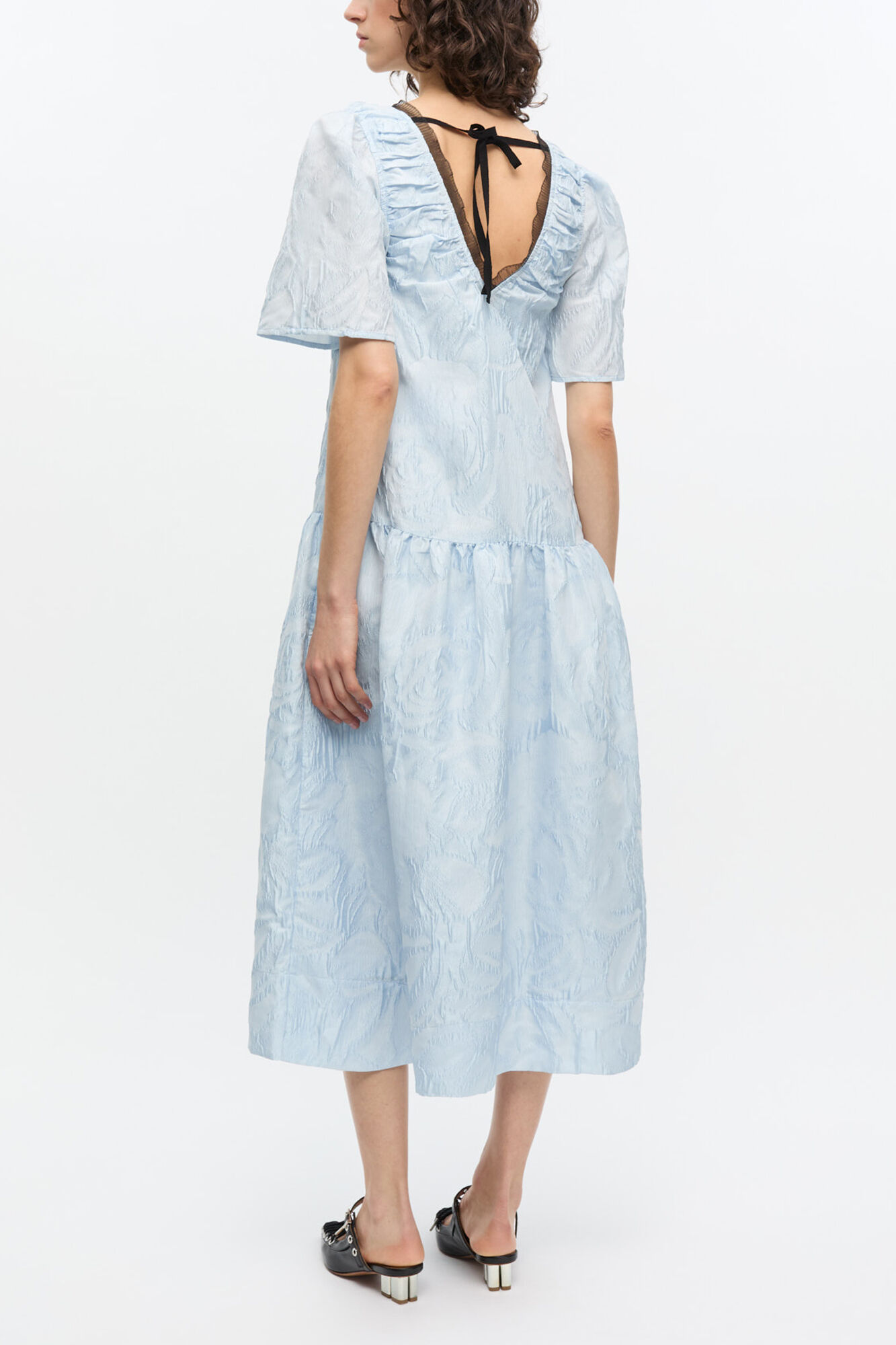 Blue Textured Cloque Midi Dress, Recycled Polyester, in colour Soft Chambray - 2 - GANNI