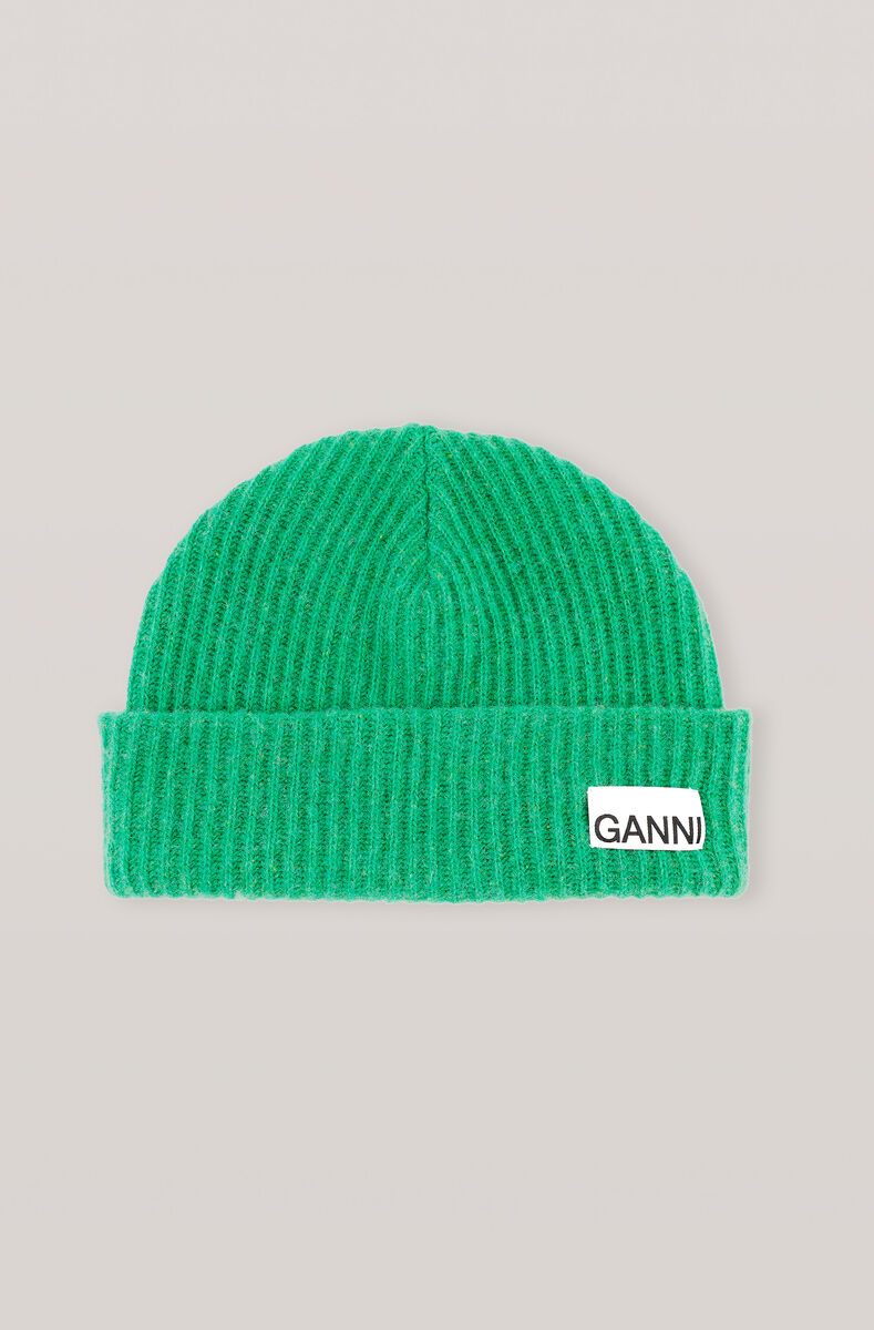 Recycled Wool Knit Hat, Wool, in colour Foliage Green - 1 - GANNI