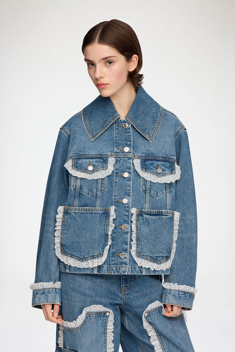 Jacket in Rigid Denim, Organic Cotton, in colour Dark Blue Vintage - 1 - GANNI