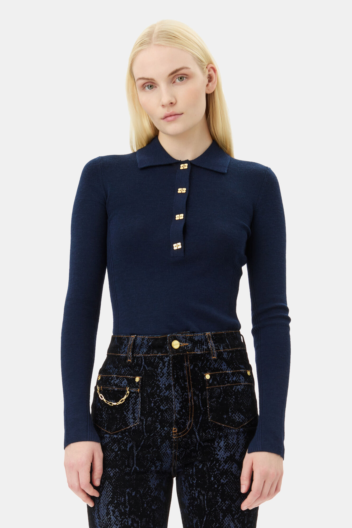 Dark Blue Knitted Polo Hemd, Merino Wool, in colour Sky Captain - 1 - GANNI