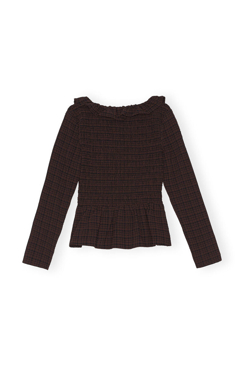 Gesmokte Seersucker-Bluse mit offenem Ausschnitt, Elastane, in colour Chicory Coffee - 2 - GANNI