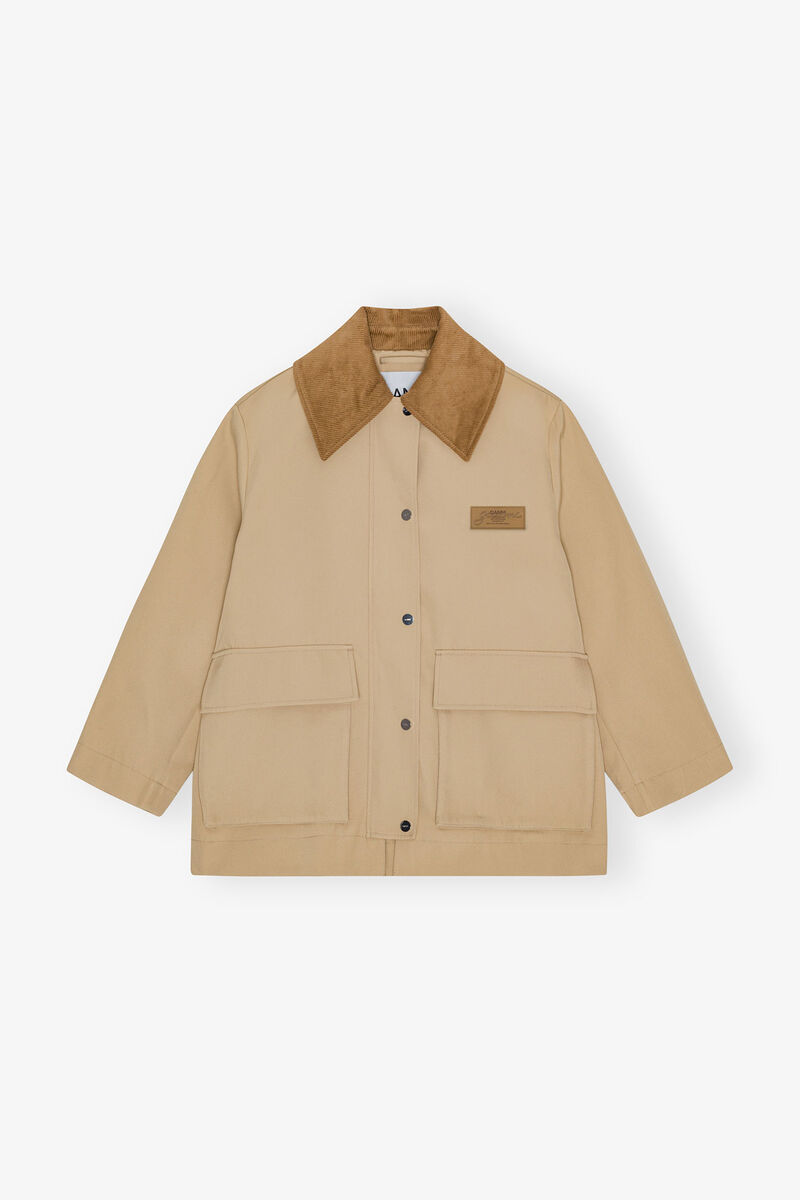 Camel Twill Midi Jacket, Recycled Polyester, in colour Pale Khaki - 1 - GANNI