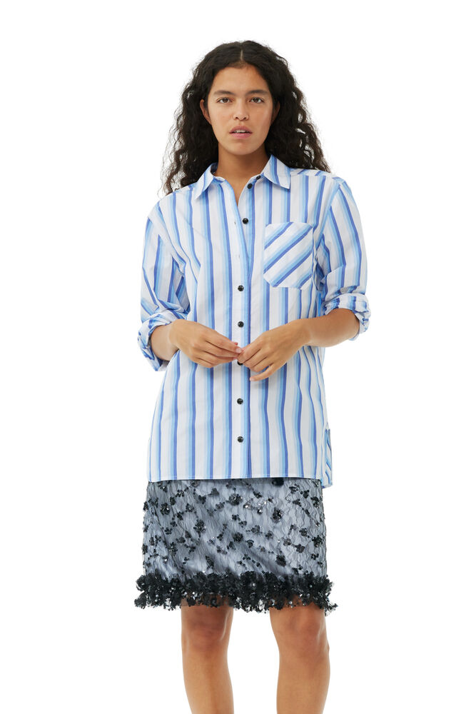 GANNI Blue Striped Cotton Oversized Shirt,Silver Lake Blue