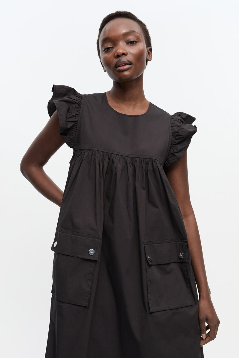 Black Stretch Cotton Frill Sleeve Dress, Elastane, in colour Black - 3 - GANNI