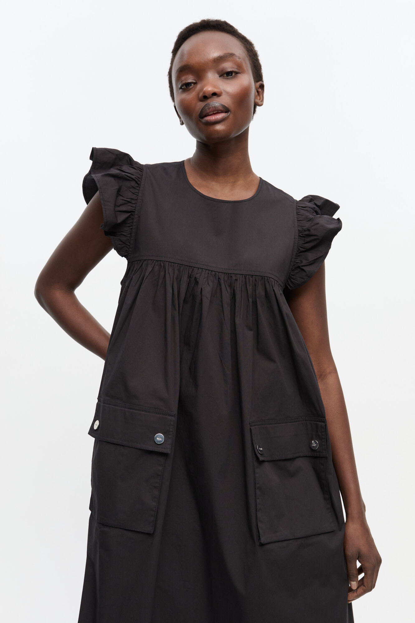 Black Stretch Cotton Frill Sleeve Dress, Elastane, in colour Black - 3 - GANNI