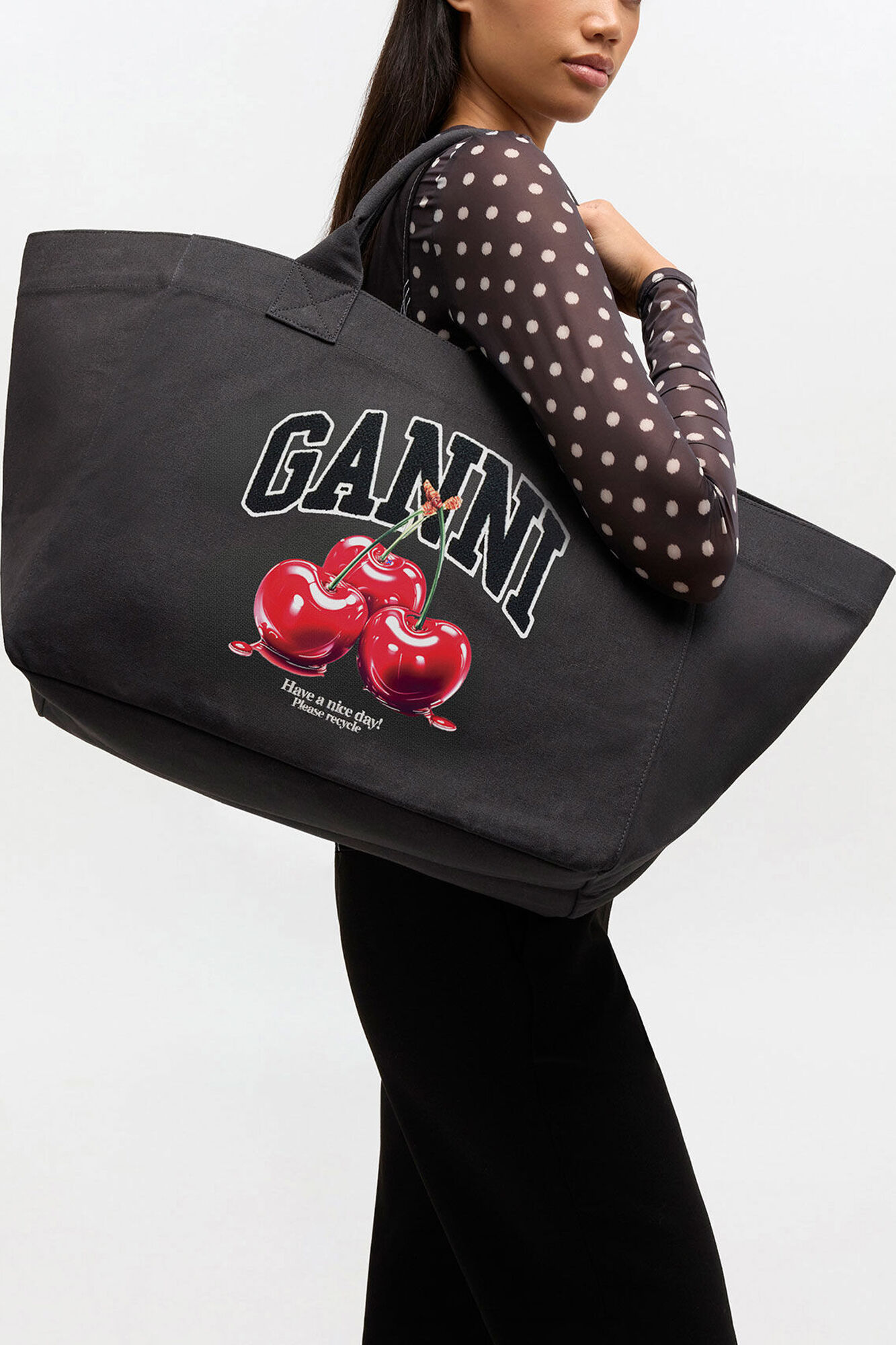 Black XXL Cherry Tote, Recycled Cotton, in colour Phantom - 1 - GANNI
