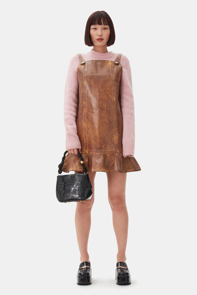 Brown Foil Denim Mini Dress, Cognac