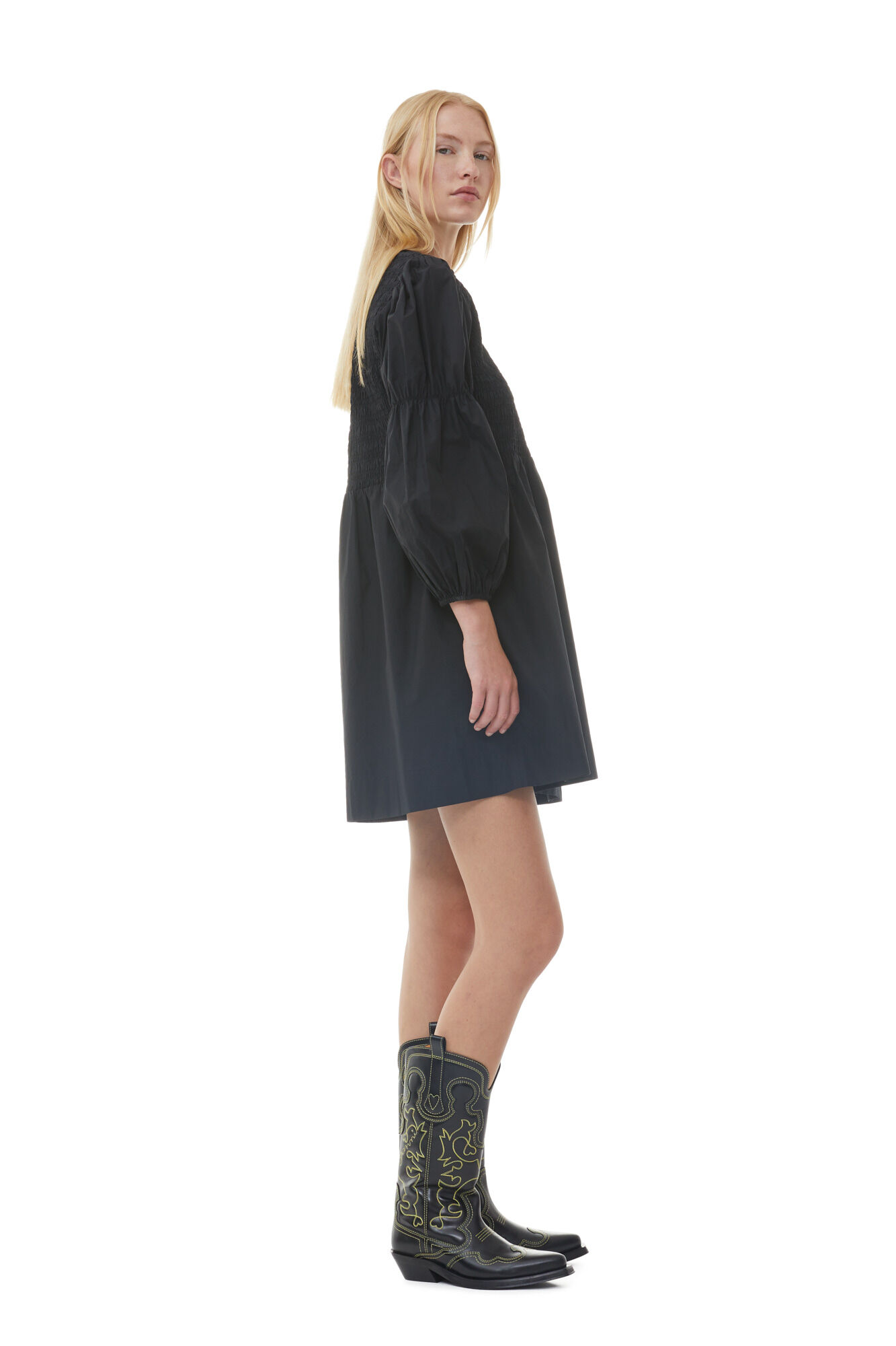 Black Cotton Poplin Smock Mini Dress, Cotton, in colour Black - 3 - GANNI