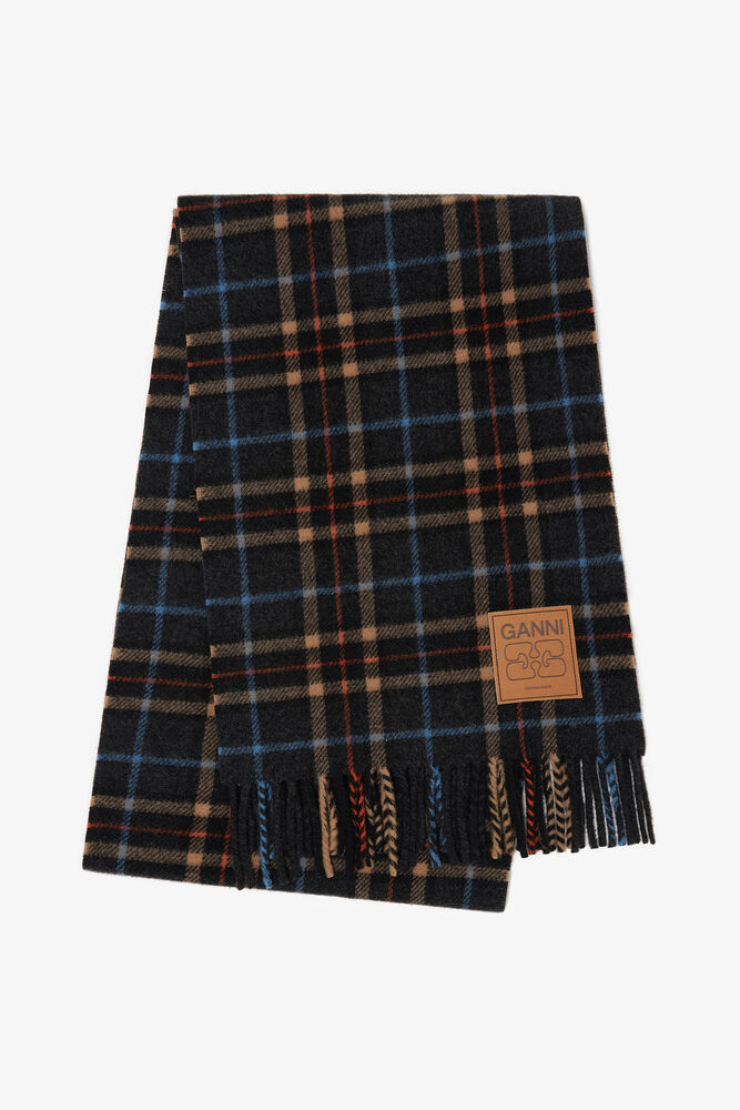 Check Wool Scarf, Charcoal Grey