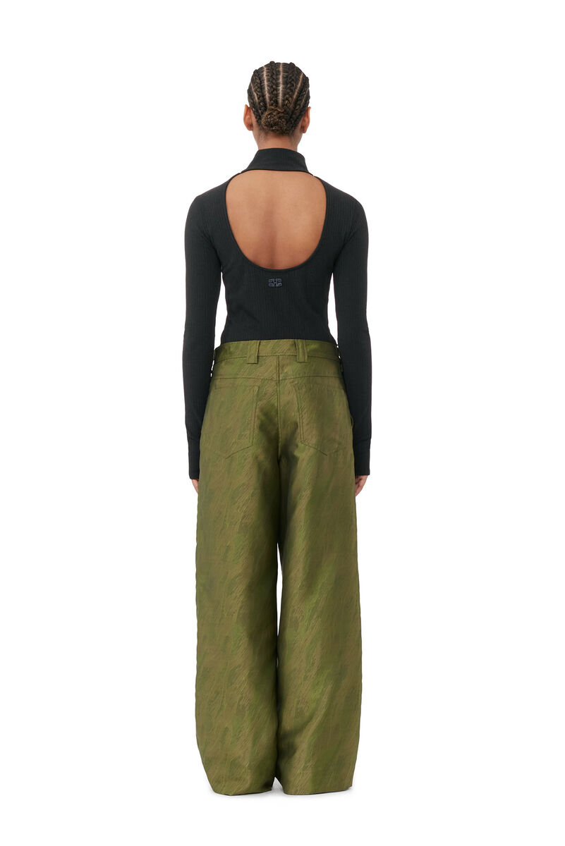 Shiny Jacquard Lowrise Trousers, Polyester, in colour Avocado - 3 - GANNI