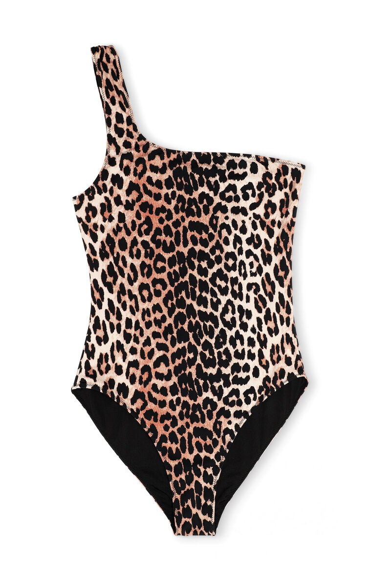 Recycled Printed One Shoulder Swimsuit, Elastane, in colour Leopard - 1 - GANNI