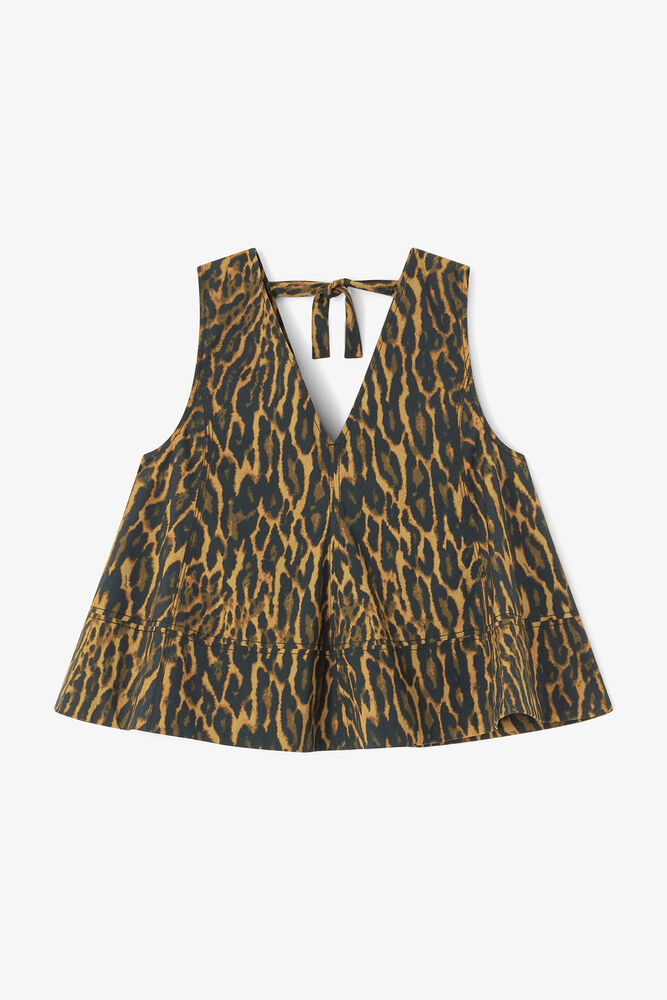 Haut trap&egrave;ze en coton imprim&eacute; l&eacute;opard, Khaki
