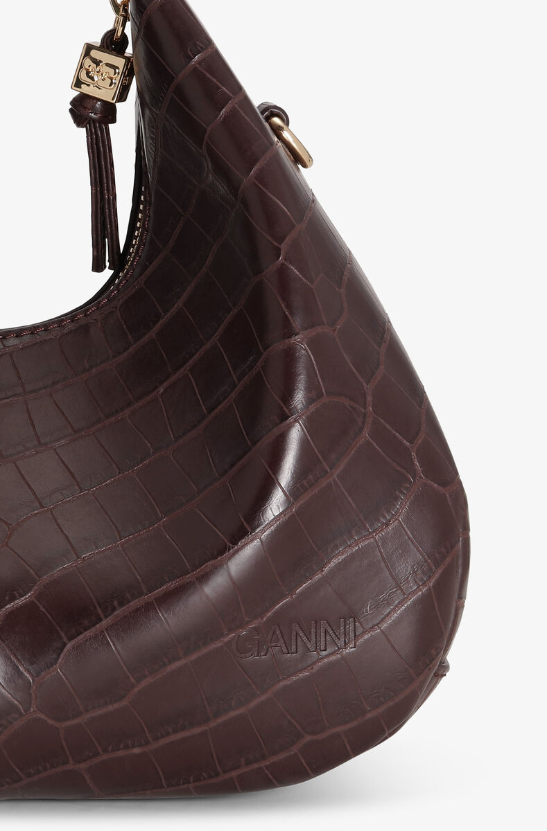 Braune Mini-Hobo-Tasche in Kroko-Optik, Lyocell, in colour Chocolate Fondant - 6 - GANNI