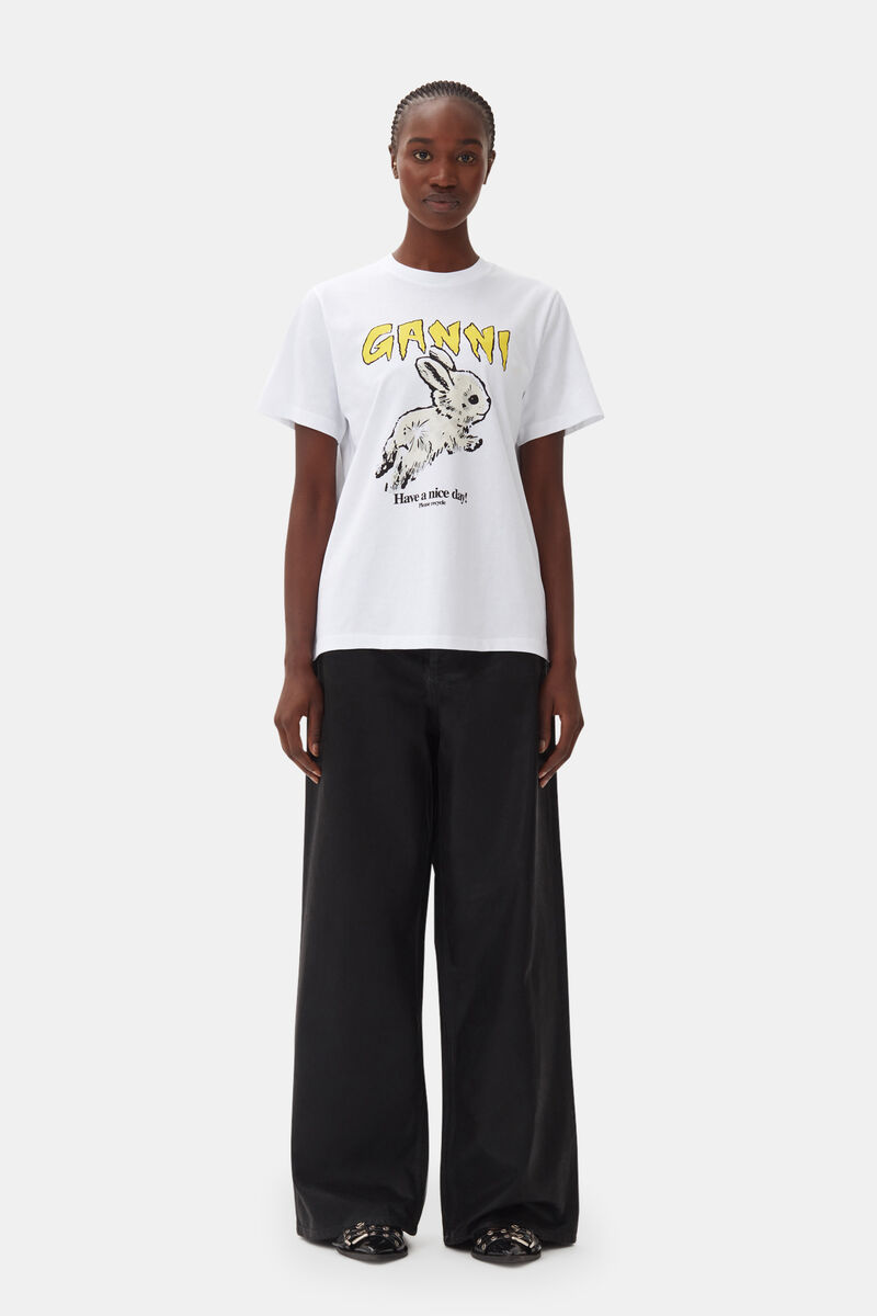Relaxed Bunny T-shirt, Cotton, in colour Bright White - 2 - GANNI