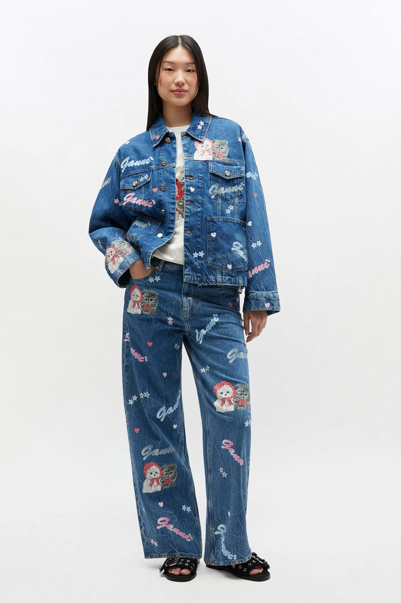 Starry Animal Izey Jeans, Cotton, in colour Mid Blue Stone - 1 - GANNI