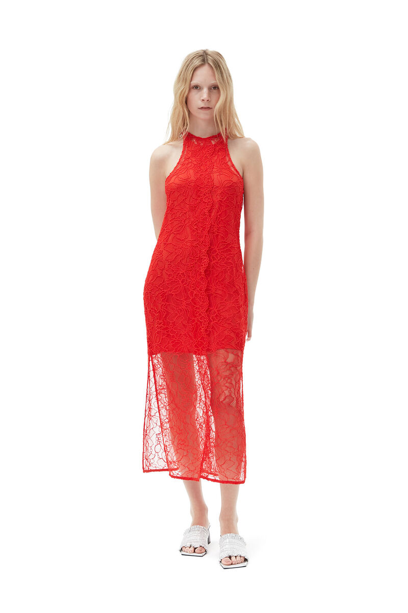 Red Lace Halter Neck Dress, Organic Cotton, in colour Red Alert - 1 - GANNI