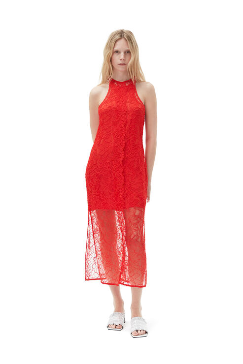 Ganni Sleeveless Red Lace Halter Neck Dress