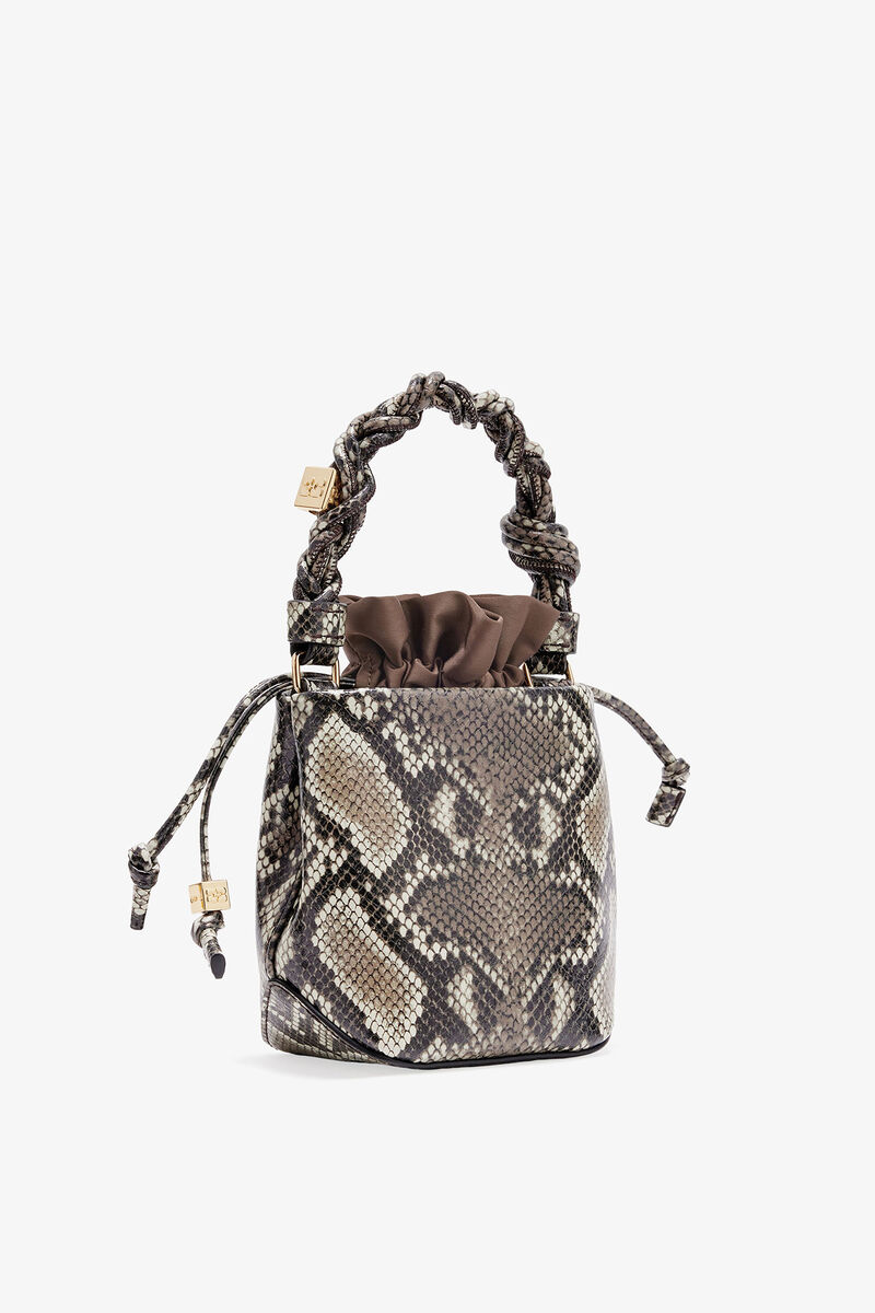 Mini GANNI Bou Bucket Tasche in Schlangenoptik, Polyester, in colour Egret - 2 - GANNI