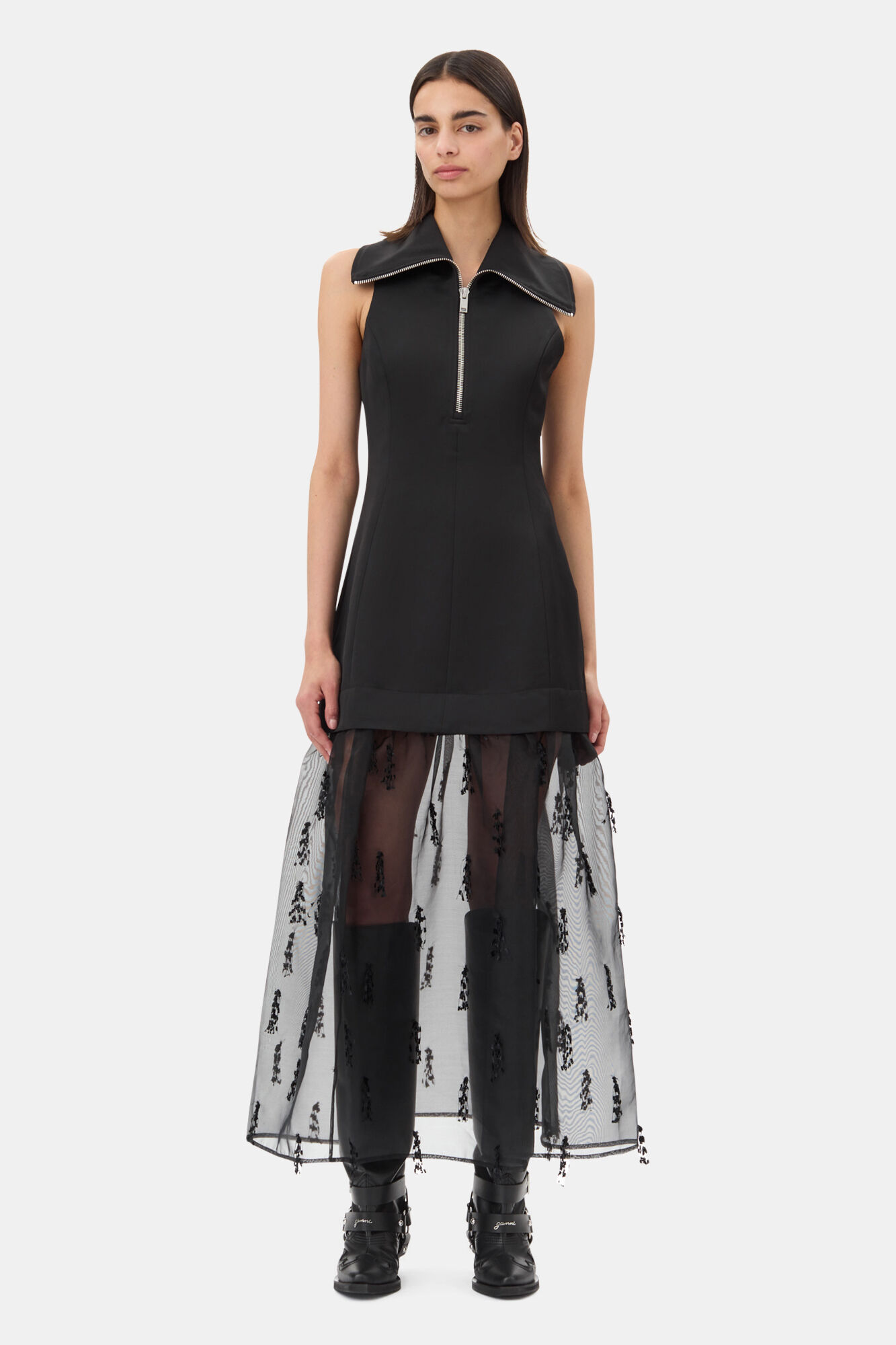 Black Fringed Organza Long Dress, Recycled Polyester, in colour Black - 1 - GANNI