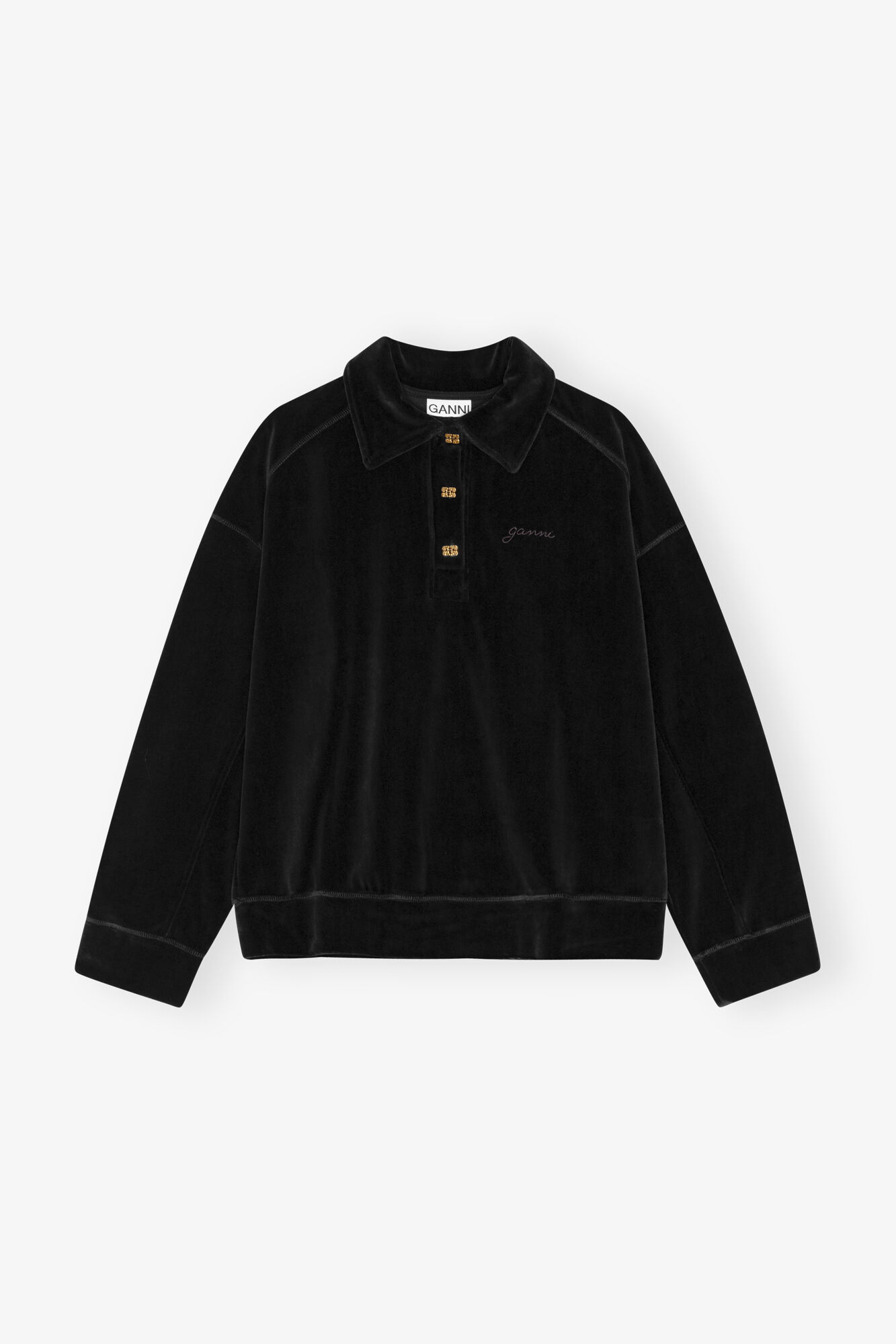 Black Velour Polo Shirt, Cotton, in colour Black - 1 - GANNI