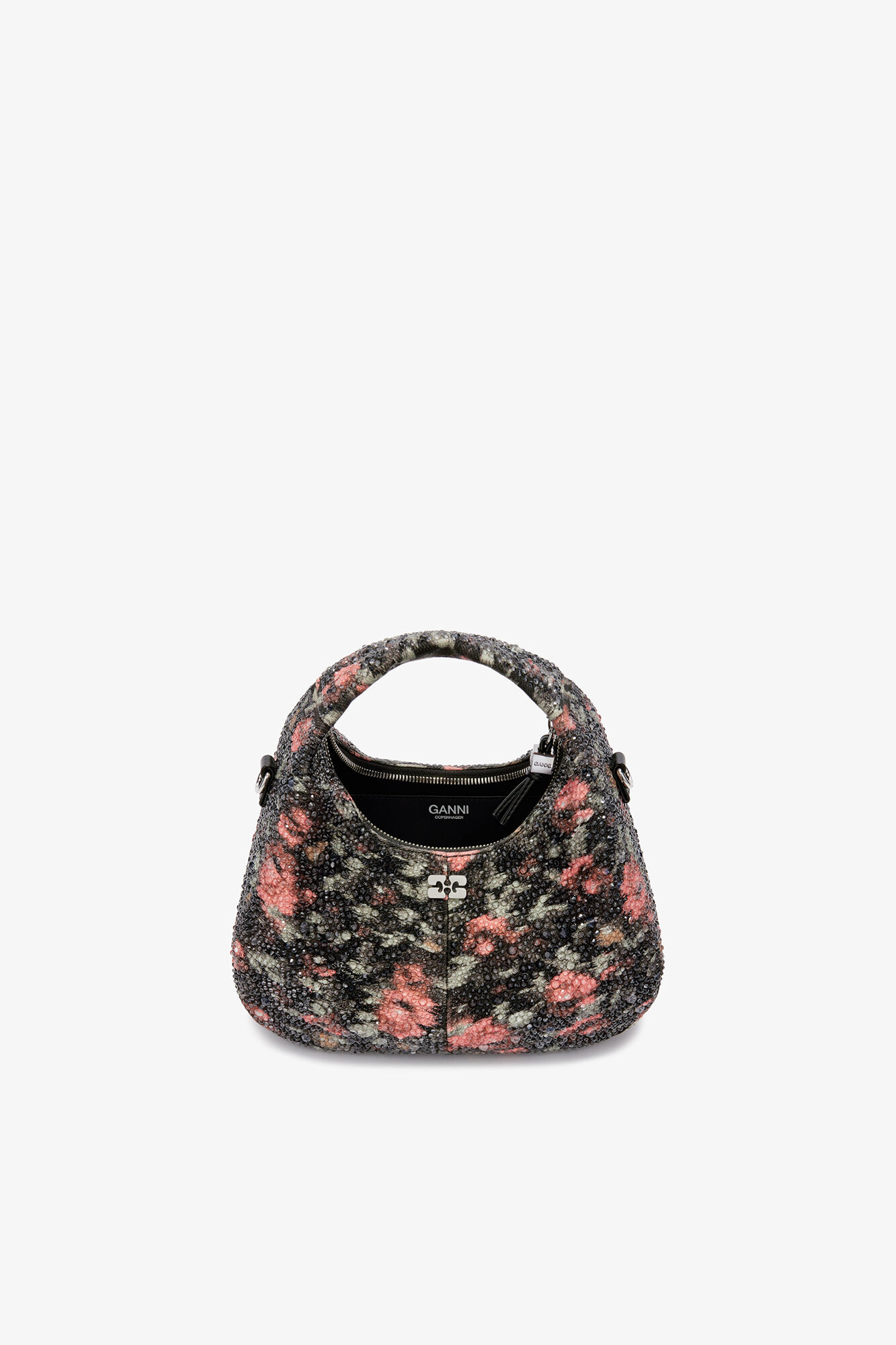 Mini Hobo Bag with Beaded Flower, Recycled Cotton, in colour Black - 3 - GANNI