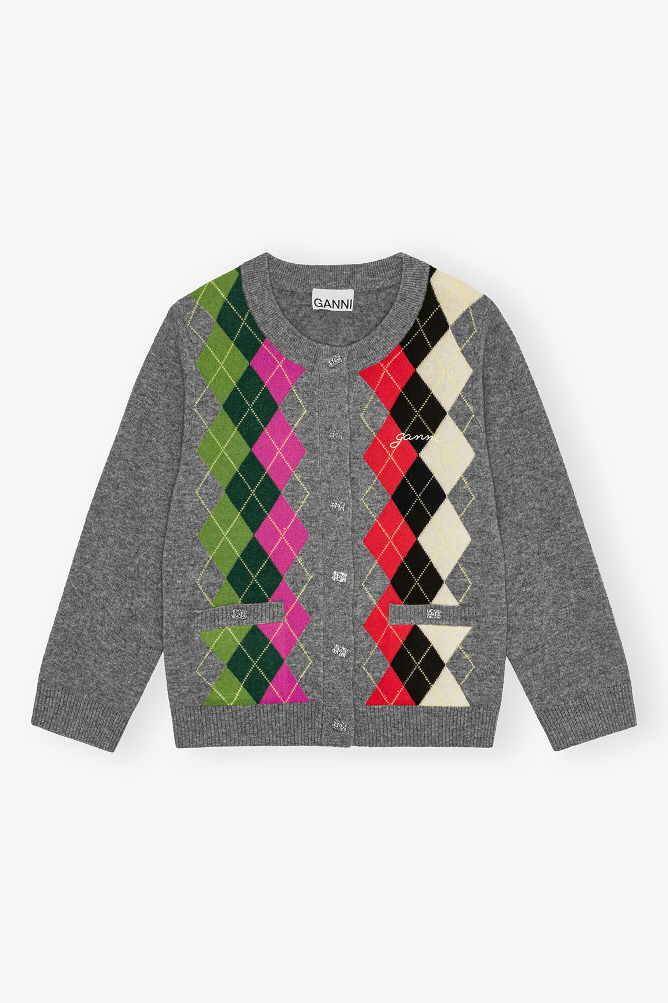 Grey Check Cardigan, Merino Wool, in colour Paloma Melange - 1 - GANNI