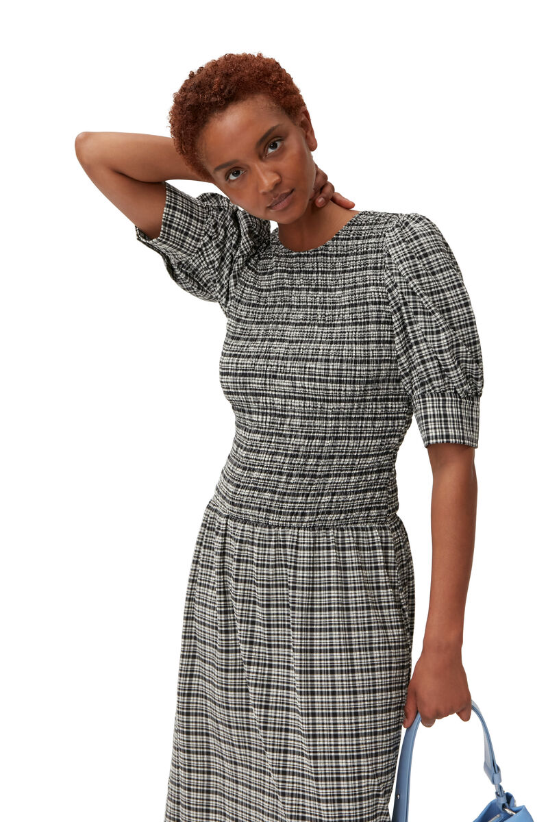 Seersucker Midi Dress, Elastane, in colour Mini Check Black - 3 - GANNI