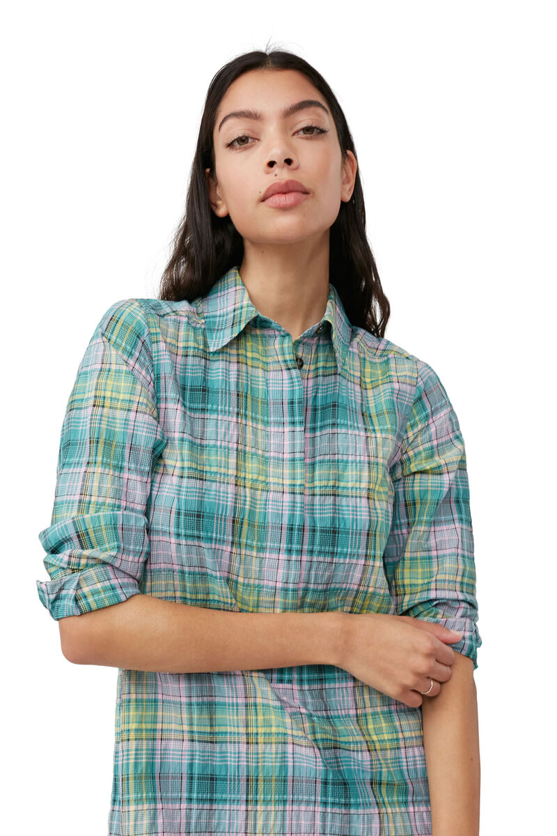 Seersucker Check Shirt Dress, Organic Cotton, in colour Lagoon - 4 - GANNI