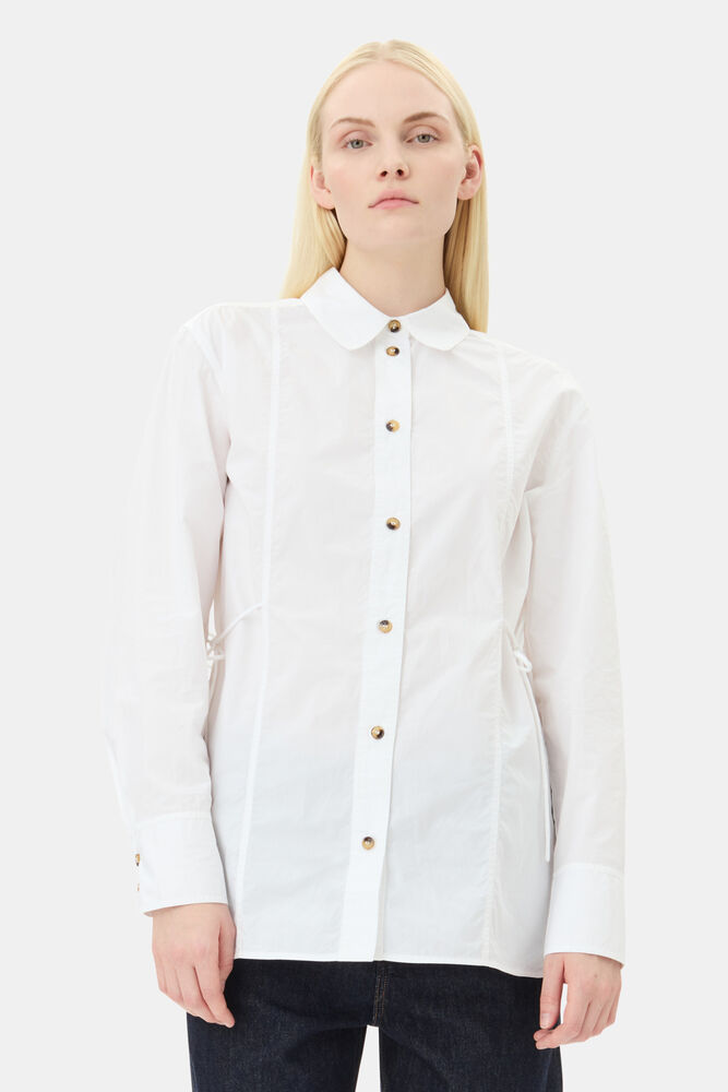 White Cotton Poplin Tie String skjorta, Bright White