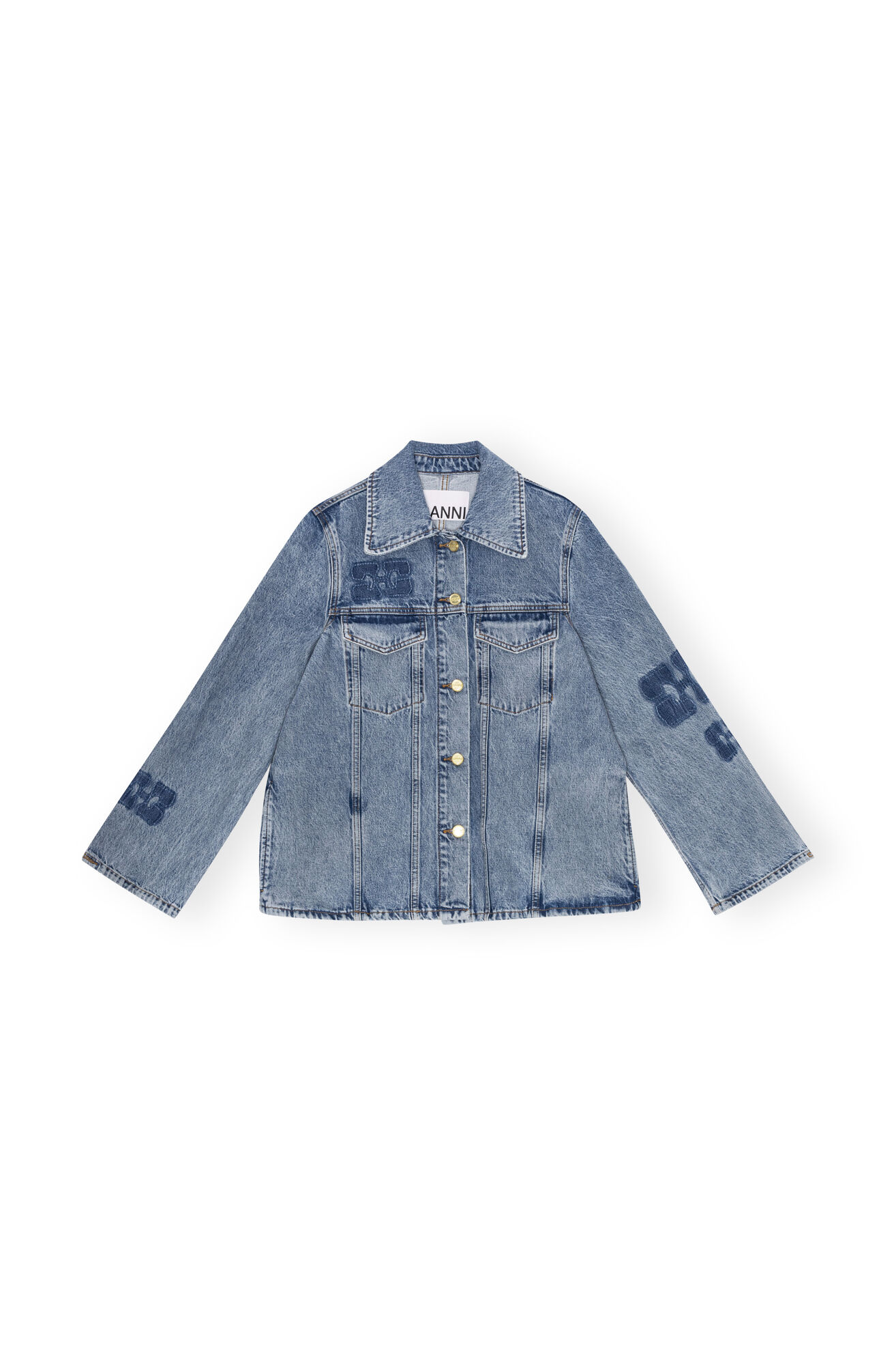 Patch Denim Jacke, Cotton, in colour Mid Blue Stone - 1 - GANNI