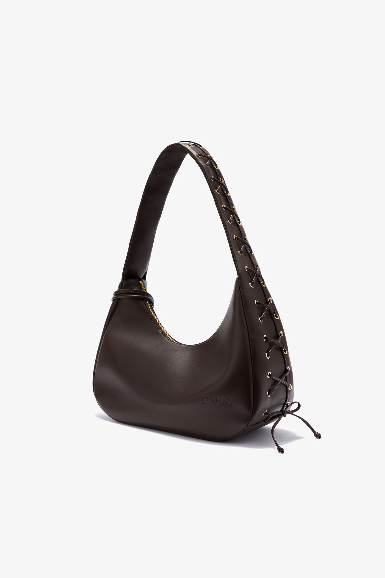 Brun medium hoboväska med snörning, Polyester, in colour Chocolate Torte - 2 - GANNI