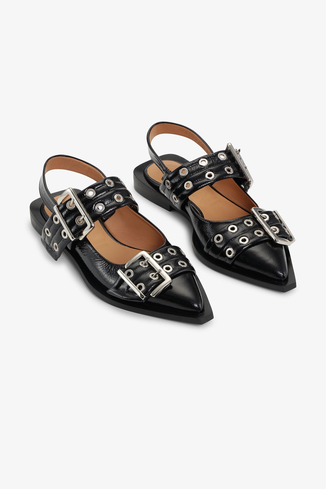 Black Wide Welt Buckle Ballerinas, Calf Leather, in colour Black - 6 - GANNI