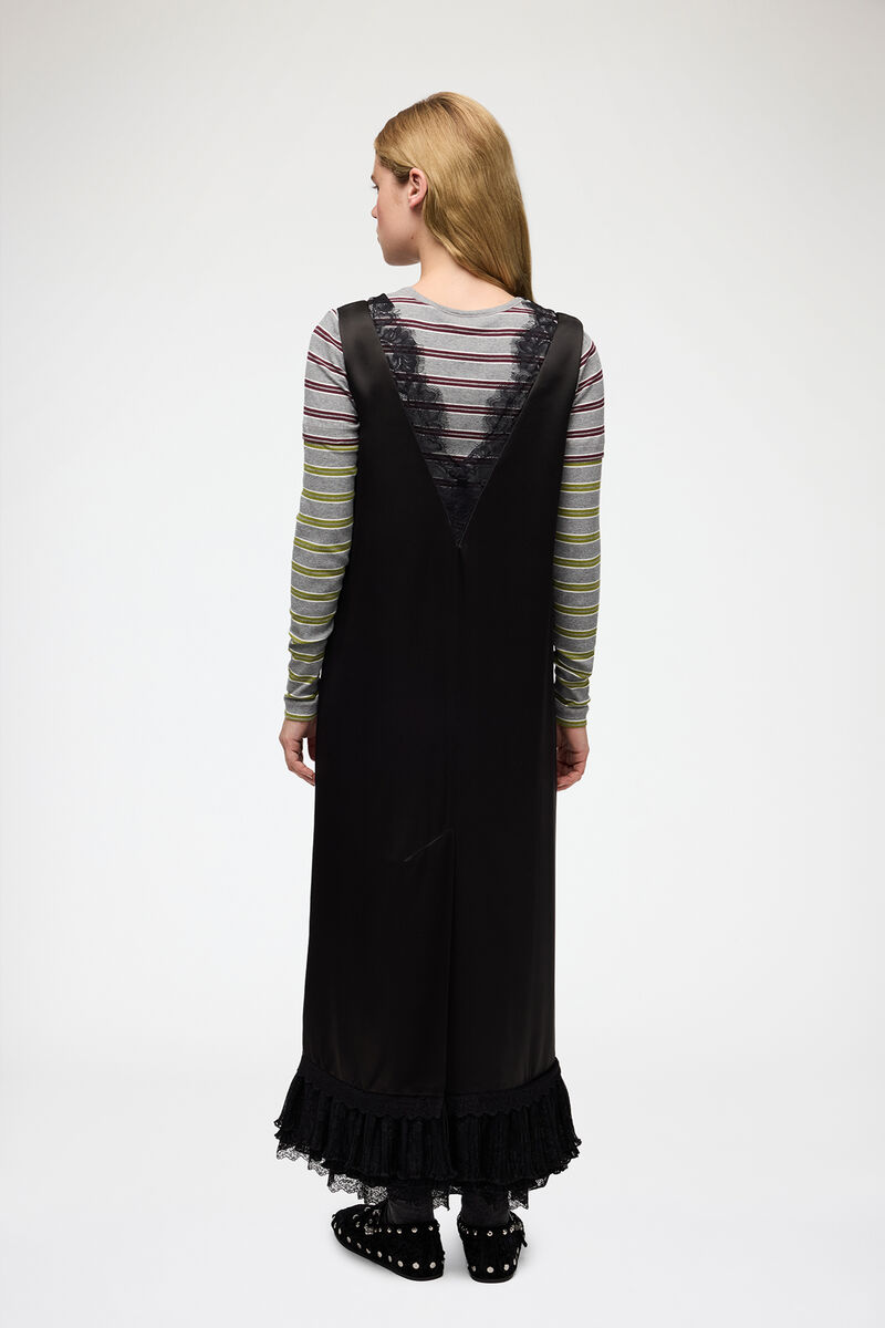 Long Dress in Lace Satin, Acetate, in colour Black - 2 - GANNI