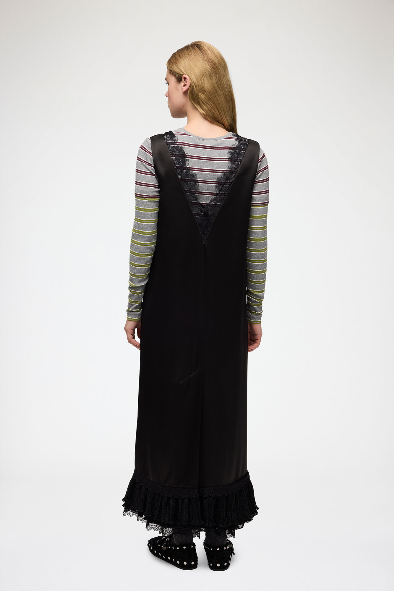 Long Dress in Lace Satin, Acetate, in colour Black - 2 - GANNI