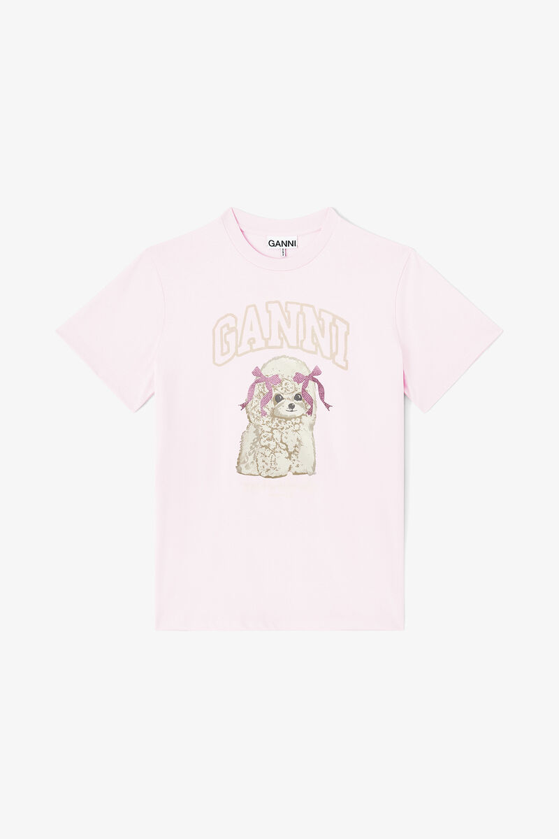 T-shirt rose &agrave; imprim&eacute; chiot, Organic Cotton, in colour Chalk Pink - 1 - GANNI