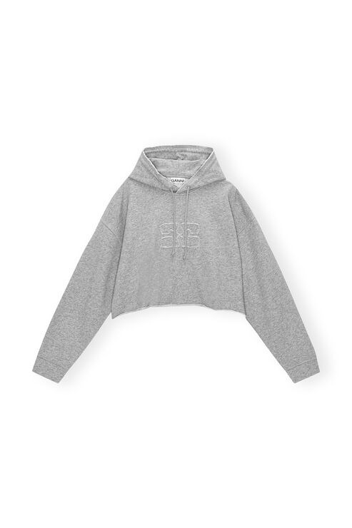 Shop Ganni Long Sleeve Oversized Isoli Cropped Hoodie In Grey